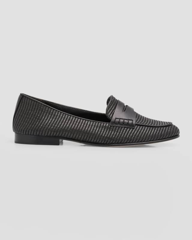 Raffia Leather Slip-On Penny Loafers